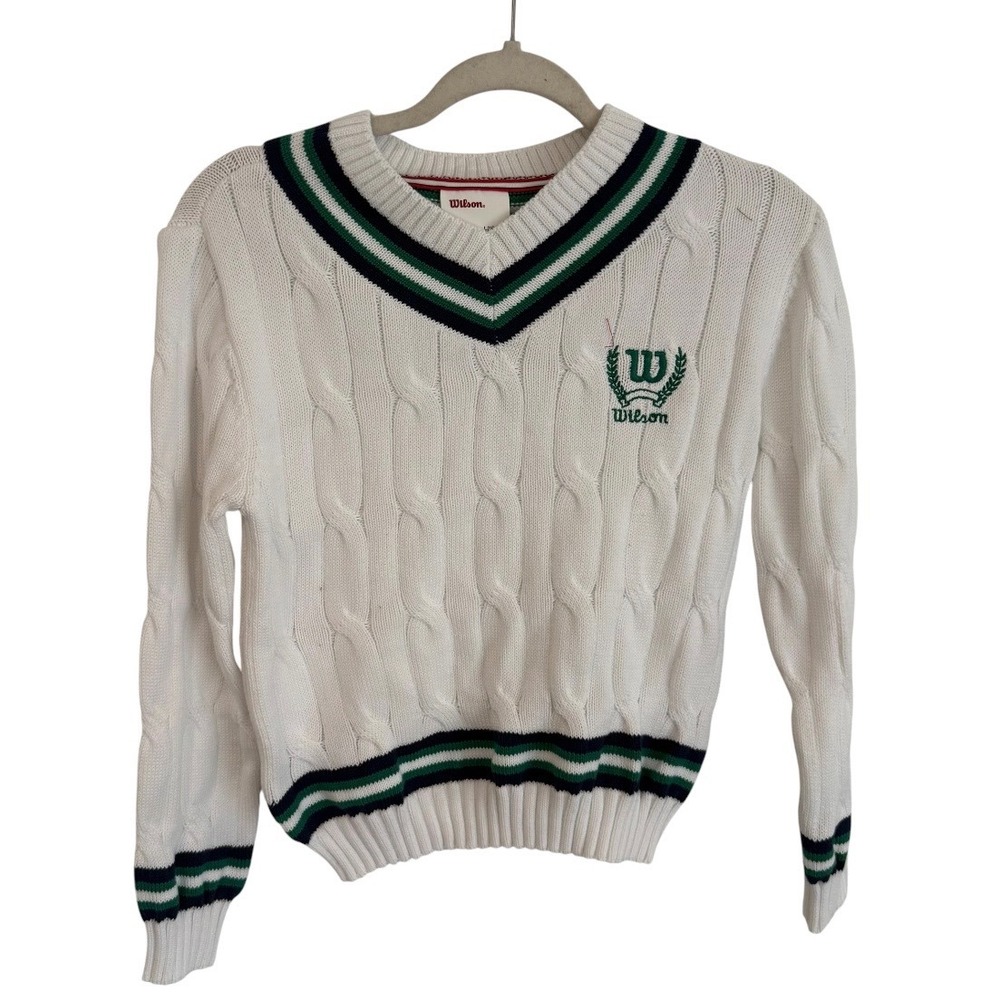Wilson Kids White Cable Knit Tennis Sweater V-Neck Green Navy Trim Large 10/12